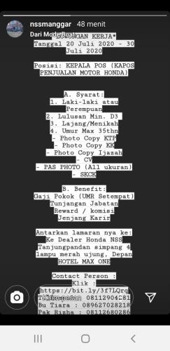 info Loker Kepala Pos Penjualan Motor Honda @Pulau Belitung