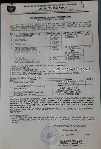 info Pelatihan GRATIS @BLK Babel