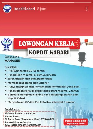 info Loker Manager @Pangkalpinang
