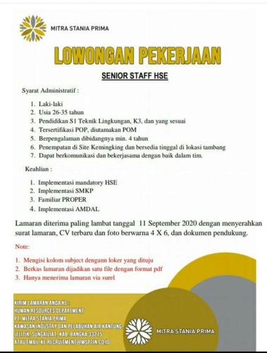 info Loker SEnior Staff HSE