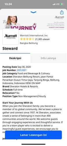 info Loker stewart @Sheraton Belitung Resort-Jalan Pantai Penarikan Dusun Timur Jaya, Tanjung Binga, Belitung