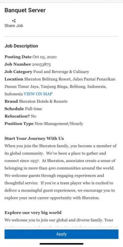 info Loker Banquet Server @Sheraton Belitung Resort