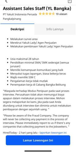 info Loker Asst Sales Staf Yakult @bangka belitung