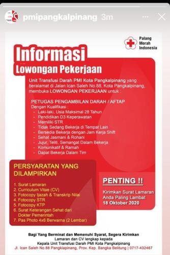 info Loker Petugas Pengambil Darah @PMI Kota Pangkalpinang