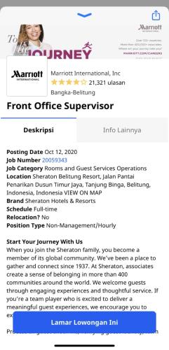 info Loker Front Office Supervisor @ Sheraton Belitung Resort