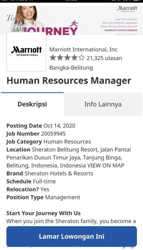 info Loker Human Resources Manager @Sheraton Belitung Resort