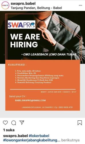 info Loker CMO LEASEBACK/CMO DANA TUNAI @Tanjungpandan-belitung