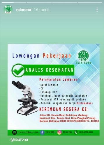 info Loker Analis Kesehatan @RSIA RONA
