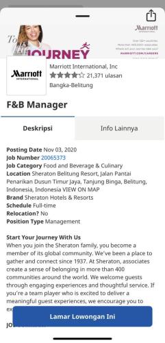 info Loker F&B Manager(Food and Beverage & Culinary) @Sheraton Belitung Resort, Jalan Pantai Penarikan Dusun Timur Jaya, Tanjung Binga, Belitung
