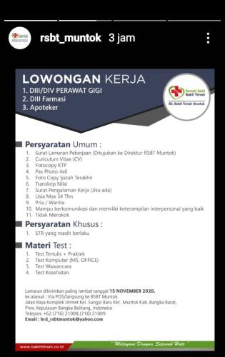 info Loker Perawat Gigi,petugas Farmasi,apoteker @RSBT Muntok