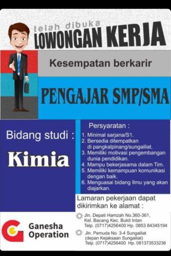 info Loker Staf Pengajar Kimia @pangkalpinang/Sungailiat