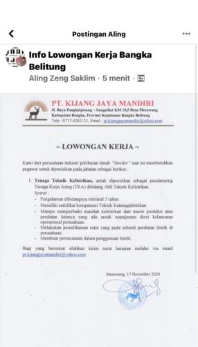 info Loker Tenaga Kelistrikan @Sungailiat