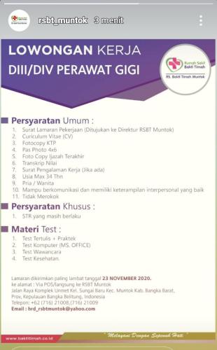 info Loker Perawat Gigi @RSBT Muntok