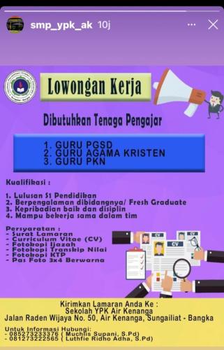 info Loker Tenaga Pengajar/Guru PGSD,Agama Kristen,PKN @Sungailiat
