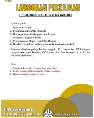 info Loker Operator Mesin Tambang @Riau silip-Mapur