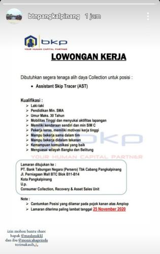 info Loker Assistant Skip Tracer/AST-Bank BTN Pangkalpinang @area Bangka Belitung