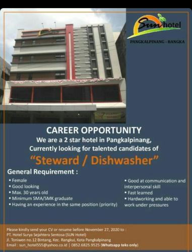 info Loker Steward/dishwasher-Sun Hotel @Pangkalpinang