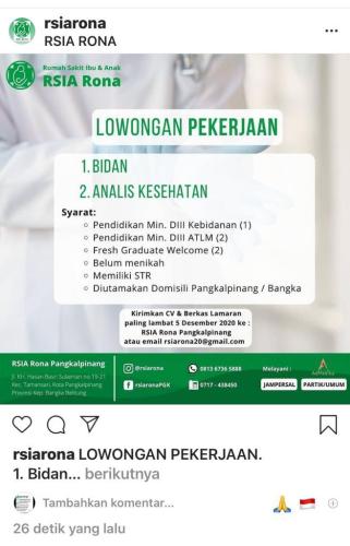 info Loker Bidan & Analis Kesehatan-RSIA RONA @Pangkalpinang