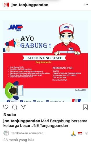 info Loker ACCOUNTING STAFF-JNE @Tanjungpandan