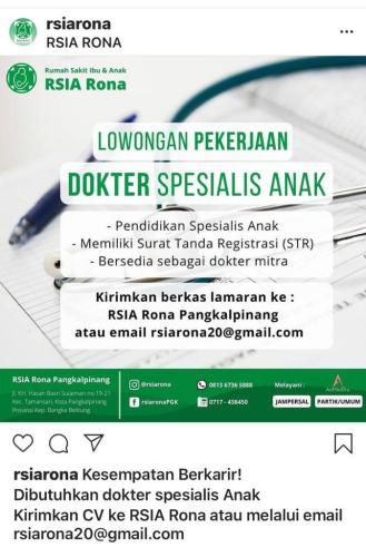 info Loker dokter Spesialis anak @RSIA RONA