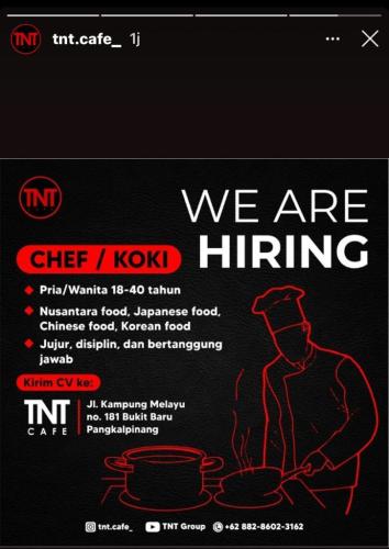info Loker CHEF/KOKI-tnt.cafe @Pangkalpinang