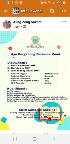 info Loker Kepala sekolah,staf Admin,beberapa Guru-Sekolah Bahagia @Pangkalpinang