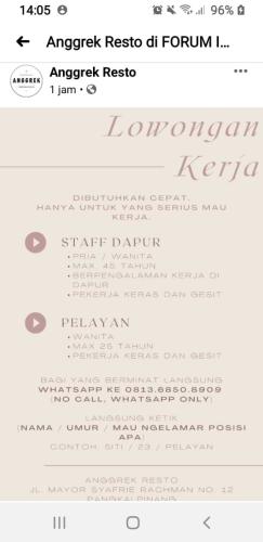 info Loker Staf Dapur & waitress-REsto Anggrek @Pangkalpinang