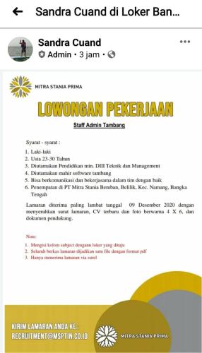 info Loker STAF ADMIN TAMBANG-Tambang @Riau silip