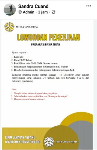 info Loker Preparasi Pasir Timah-Tambang @Riau silip