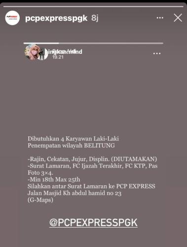 info Loker  Bagian Umum Perusahaan Kargo & Muatan-PCP EXPRESS Pangkalpinang penempatan @Belitung