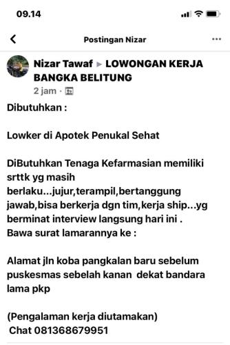 info Loker Tenaga Kefarmasian @Jalan Koba-Pangkalan Baru