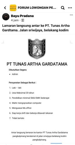 info Loker Admin @PT.Tunas Artha Gardtama-vendor Bank