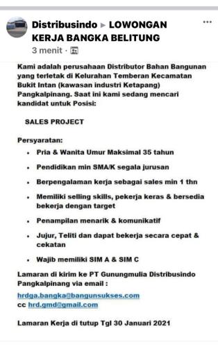 info Loker SALES PROJEK @Pangkalpinang