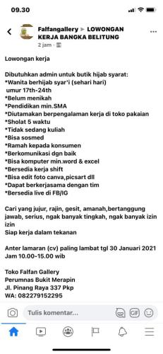 info Loker ADMIN-Butik Hijab @Bukit Merapin-Pangkalpinang