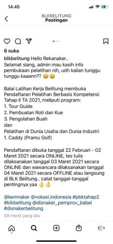 info Pelatihan GRATIS Tahap II @BLK Belitung