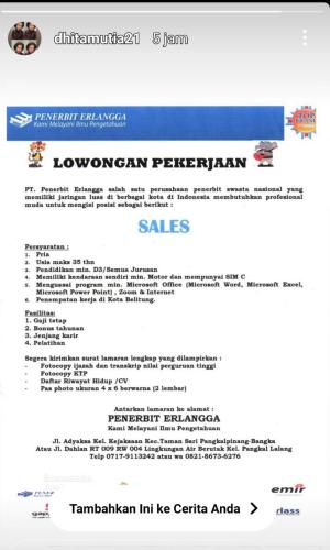 info Loker SALES-Penerbit Erlangga @Belitung
