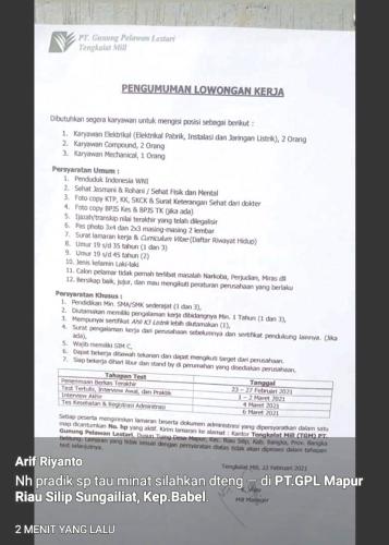 info Loker di PT.GUNUNG PELAWAN LESTARI @Riau silip