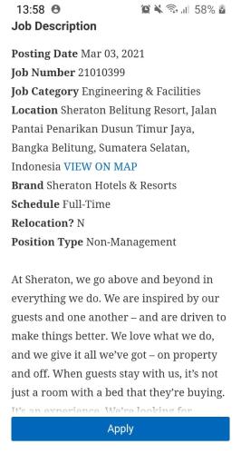 info Loker SUPERVISOR ENGINEERING @Sheraton Belitung Resort