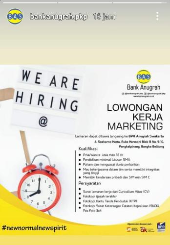 info Loker MARKETING @Bank Anugrah-Pangkalpinang