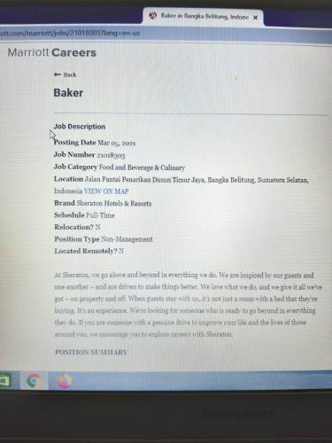info Loker BAKER @Sheraton Hotels & Resorts-Jalan Pantai Penarikan Dusun Timur Jaya-Belitung