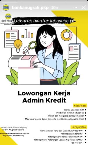 info Loker ADMIN KREDIT @bank Anugrah-Pangkalpinang