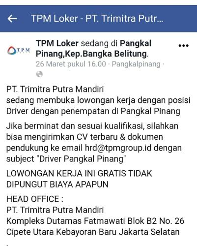 info Loker DRIVER @PT.Trimitra Putra mandiri-Pangkalpinang