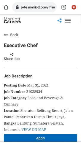 info Loker EXECUTIVE CHEF @Sheraton Belitung Resort-Belitung