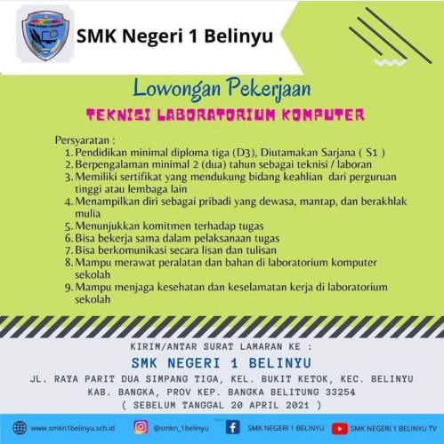 info Loker Teknisi Laboratorium Komputer @SMK Negeri 1 Belinyu