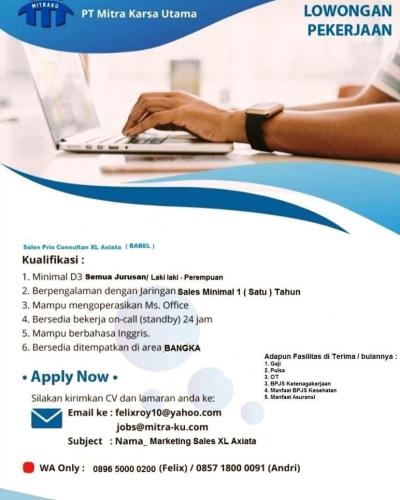 info Loker Sales Prio Consultan @PT.Mitra Karsa Utama-XL Axiata-Bangka