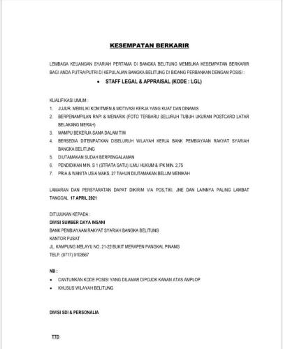 info Loker Staff Legal & Appraisal(LGL) @Bank Pembiayaan Syariah Bangka Belitung-Pangkalpinang