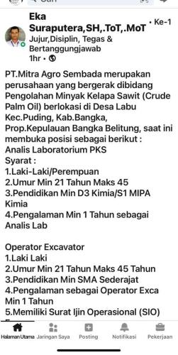 info Loker Analis Labor & Operator Escavator @PT.Mitra Agro Sembada-Puding-Bangka