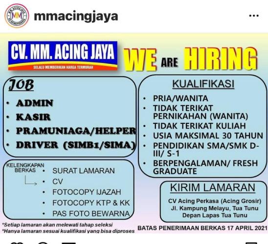 info Loker Admin,Kasir,Helper & Driver @MM.Acing Jaya-Pangkalpinang