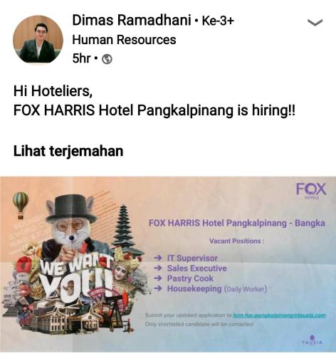info Loker iT Supervisor,Sales Executive,Pastry cook & Housekeeping @Fox Hotel Harris-Pangkalpinang
