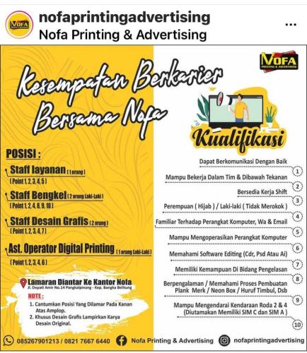info Loker Staf Layanan,Staf Bengkel.Staf Desain Grafis dan Ast.Operator Digital Printing @Nofaprintingadvertising-Pangkalpinang
